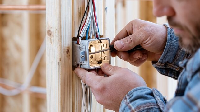Medium shot of newwork nonmetallic electrical box being installed inside a wall stud for upcoming wiring connections in residential construction.