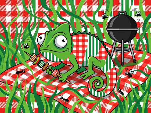 Green chameleon with big eyes on picnic blanket with barbecue grill in grass and flies buzzing around it enjoying food on skewers at outdoor party celebration.