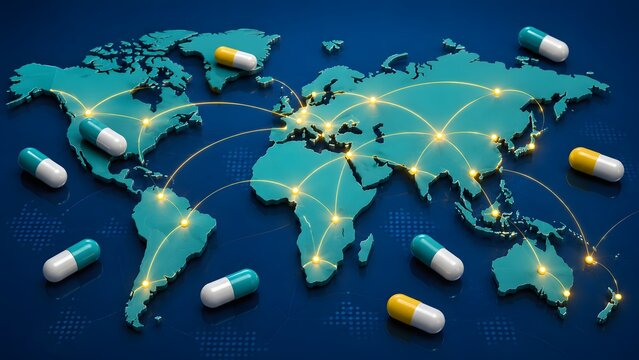 Global pharmaceutical supply chain network with medicine capsules on world map for healthcare logistics drug distribution and medical trade concept