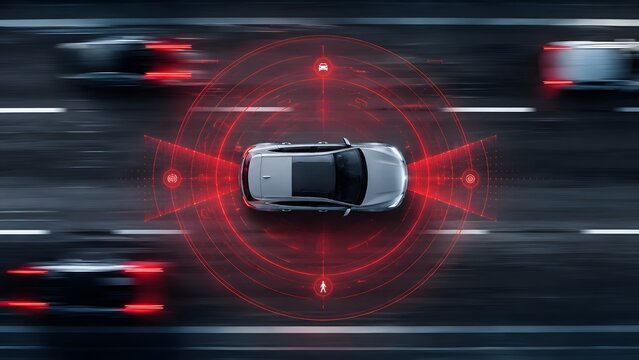 Autonomous car safety system on highway with red sensor detection network for smart vehicle technology traffic monitoring and driver assistance concept