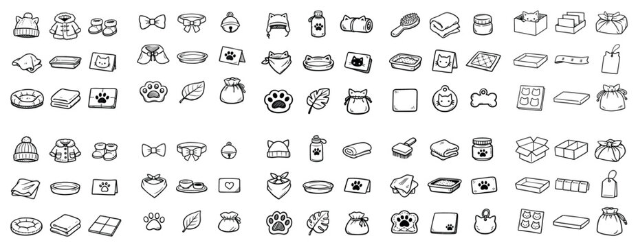 Pet food and feeding icon set with food paw bowl for infographic layout in line outline design