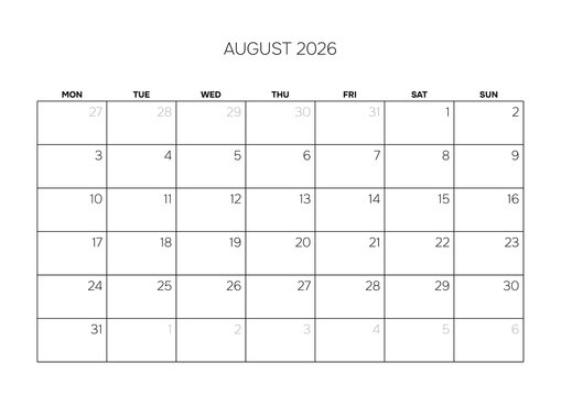 August 2026 Professional Calendar Grid Clean Minimalist Monthly Planner