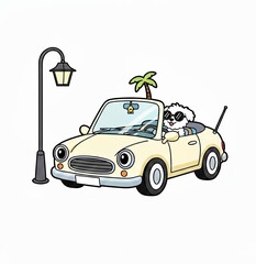 Naklejka premium Happy white fluffy dog wearing sunglasses driving a light yellow convertible car cartoon illustration