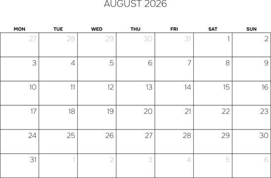 August 2026 Professional Calendar Grid Clean Minimalist Monthly Planner