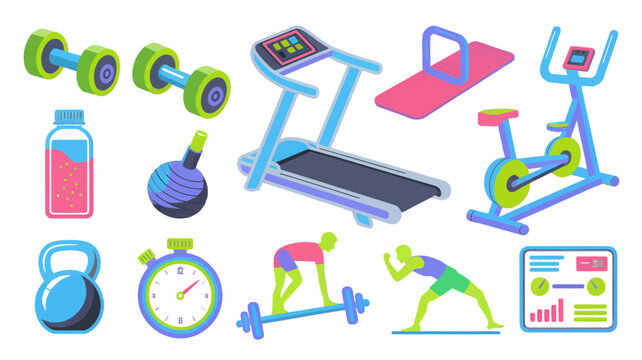 Fitness icons set with gym equipment and exercise tools for healthy lifestyle