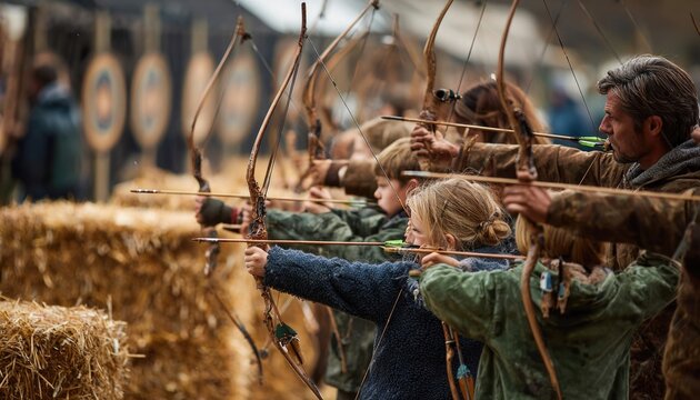 Archery range family targets, bows drawn releasing arrows, quivers full, hay bales backing, focused determination, feathered flights