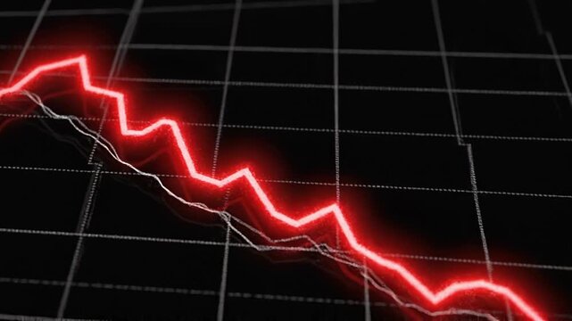 Red glowing line graph displaying downward trend and financial decline on black grid background with multiple faint lines, digital data visualization of market analysis and economy trend