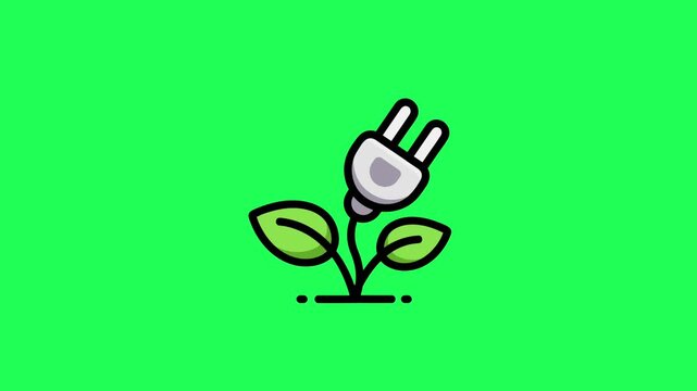 Animated plant growing with an electrical plug leaf, symbolizing green energy and sustainable technology on green screen