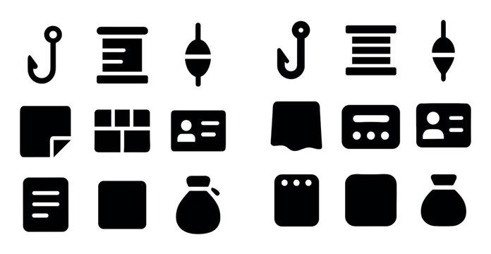 Fishing and outdoor vector icons with hook, spool and float for infographic design in solid glyph style