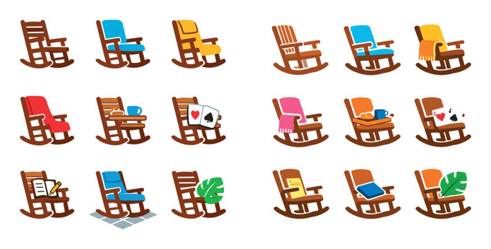 furniture and leisure vector icons with rocking chair, cup and playing cards for presentation design in colorful flat style