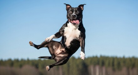 Obraz premium Funny black and white dog jumping high in the air against a clear blue sky background with a silly expression