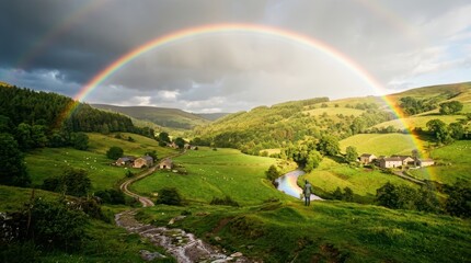 Fototapeta premium Rainbow over Lush Green Landscape with Houses and Person