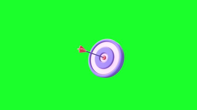 3D animated dart hitting the bullseye on a target icon on green screen