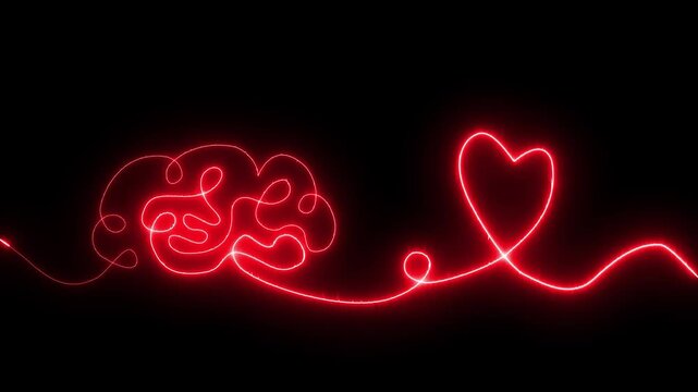 Glowing red neon Brain with heart inside. One line drawing. symbolizing balance of mind and feelings, psychology, emotional intelligence, love, mental health, connection of logic and emotion.