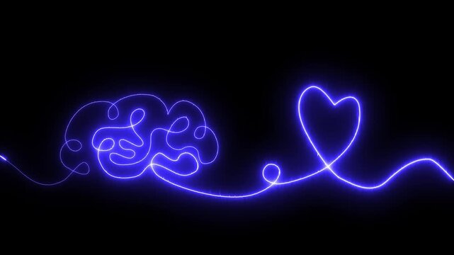 Glowing red neon Brain with heart inside. One line drawing. symbolizing balance of mind and feelings, psychology, emotional intelligence, love, mental health, connection of logic and emotion.