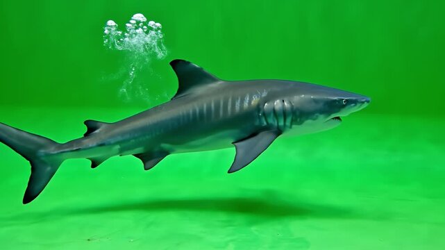 Shark underwater with bubbles rising near dorsal fin swimming green ocean environment marine predator aquatic fish fin tail wildlife natural habitat large dangerous oceanic life sea creature