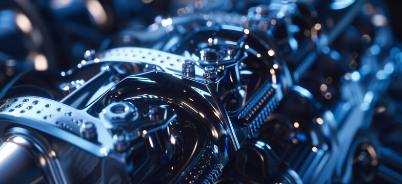 A detailed shot of a car engine with aerographite components highlighting the materials ability to reduce weight while maintaining strength and functionality.