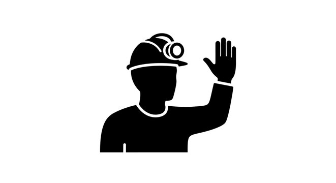 Miner wearing hard hat with headlamp raising hand in stop gesture.