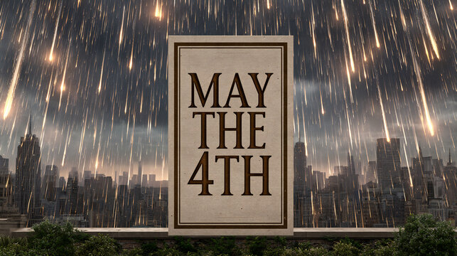 A dramatic scene featuring a 'MAY THE 4TH' sign prominently displayed in front of a cityscape under a dark sky filled with glowing falling objects.