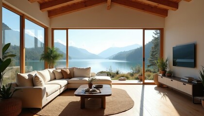 Fototapeta premium Modern living room with large windows facing a calm lake and mountains. Comfortable sofa and coffee table create a cozy relaxation space. Natural light floods the airy room.