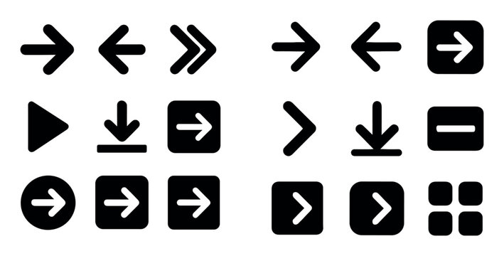 Navigation and direction vector icons with arrows, play button and download icon for web design in minimal solid style