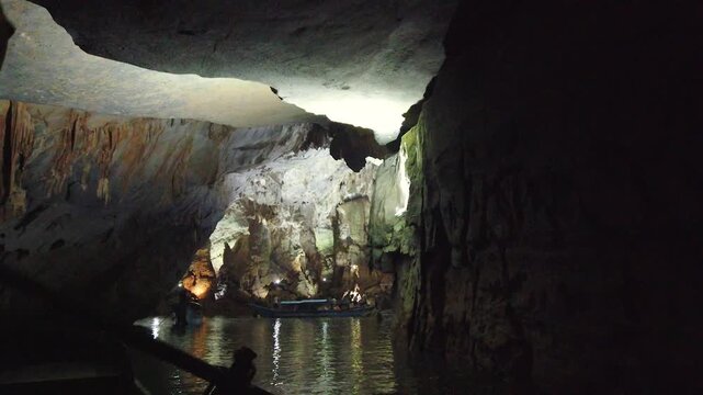 Boat inside Phong Nha Cave Vietnam underground river and cavern