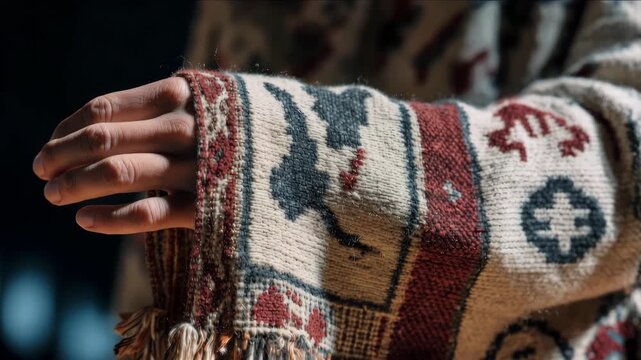 Close-up of a hand in a textured ethnic sleeve with traditional motifs and fringe. Soft lighting reveals fabric weave and skin details. Subtle finger movement suggests peace. Slow living aesthetic.