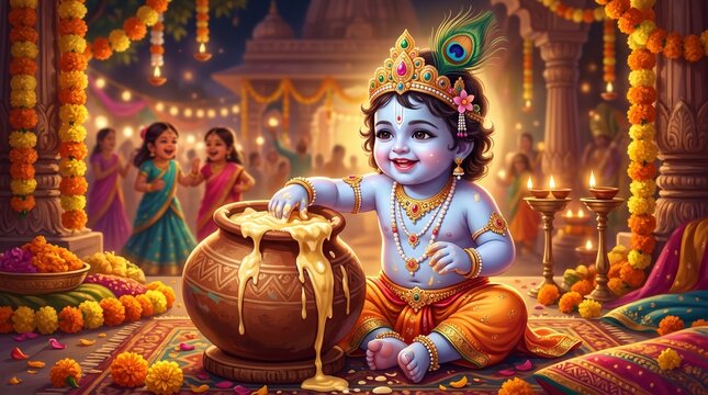 Realistic Baby Krishna in Butter Pot &ndash; Smiling Krishna Janmashtami Poster HD Image