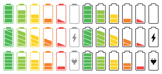 Large battery icon collection with colorful charging levels, warning signs and power indicators for mobile applications, technology interfaces, energy systems and modern digital dashboard layouts © SpainArts