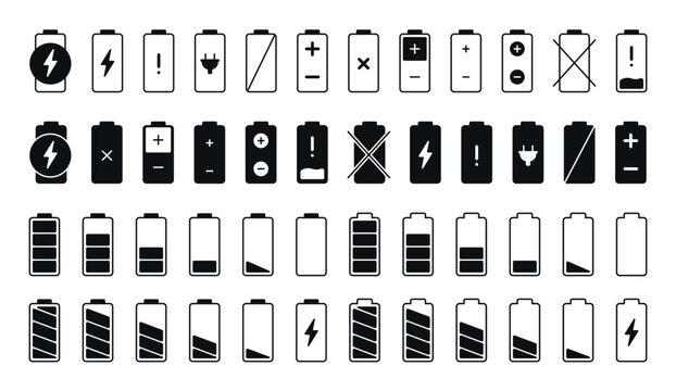 Minimal battery icon collection with charging symbols, power indicators, low energy warnings, electric status graphics and modern monochrome vector illustrations for interface design projects