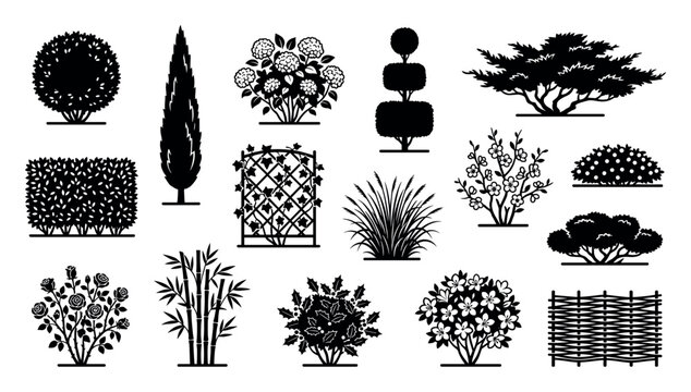 Set of black garden plant silhouettes featuring various trees, shrubs, flowers, and decorative elements like topiary, hedges, roses, bamboo, and a trellis for landscape design