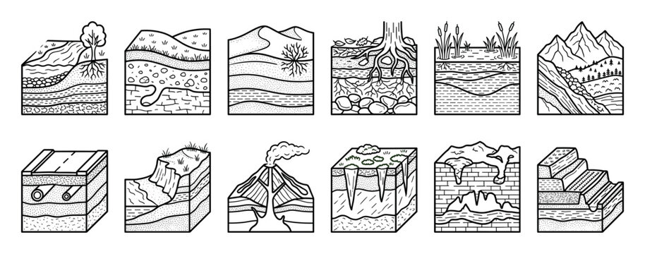 Collection of geological cross-section icons showing different soil layers, landforms, and environmental systems in a black and white line art style for educational diagrams