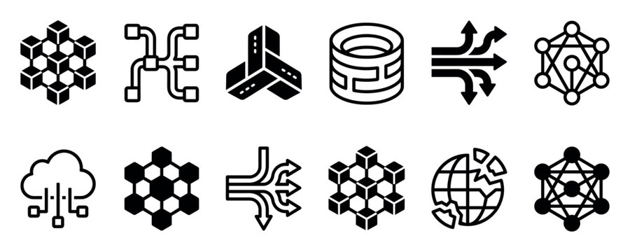 Set of black technology icons representing blockchain, data, and networking concepts in a minimalist glyph style, including symbols for decentralization, cloud computing, and servers