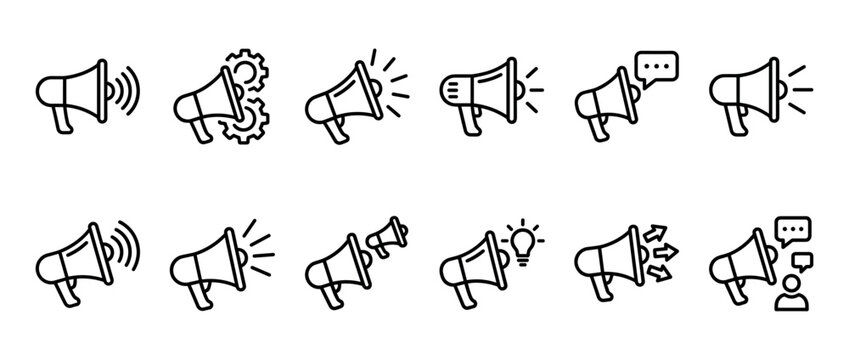 Megaphone line icon set with various symbols representing marketing, communication, and promotion concepts for advertising, news alerts, public announcements, and digital campaigns