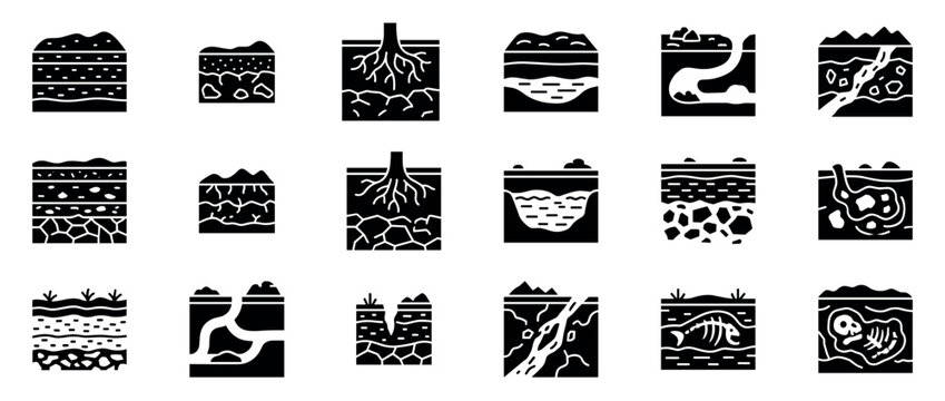 Set of black soil profile icons showing various geological cross-sections with earth layers, plant roots, underground water, and buried fossils in a minimalist glyph style