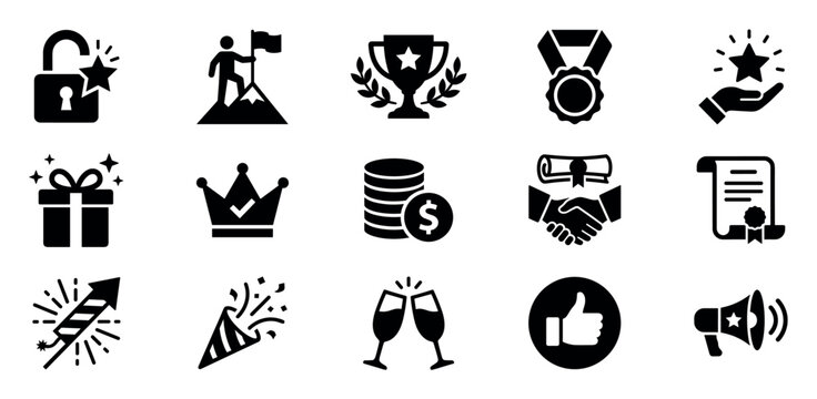 Set of fifteen black glyph icons representing success, achievement, rewards, and celebration concepts like trophy, medal, crown, gift, and fireworks in a clean vector style