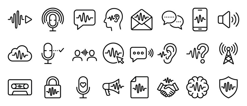 Voice recognition and audio technology line icons set representing sound waves, microphones, communication, and digital assistants for modern user interface and application design
