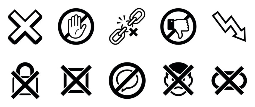 Set of black prohibition and failure icons representing concepts of rejection, warning, and error, with symbols for stop, dislike, broken links, and decrease in a clean graphic style