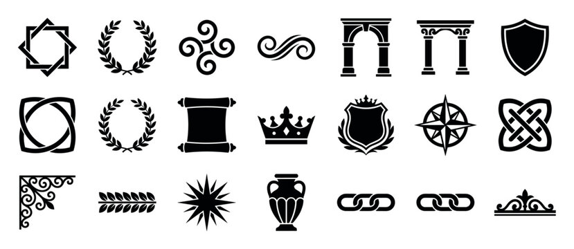 Set of black silhouette icons featuring heraldic and classical symbols like crowns, shields, laurel wreaths, scrolls, architectural arches, and decorative knotwork