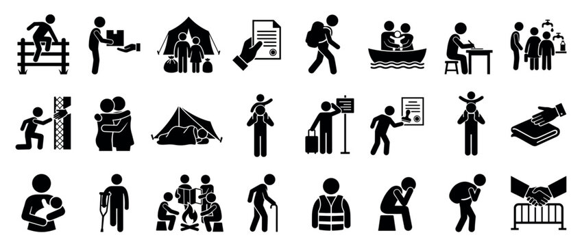 Large collection of black pictogram icons representing refugees, migrants, and asylum seekers in various situations like crossing borders, receiving aid, and seeking shelter