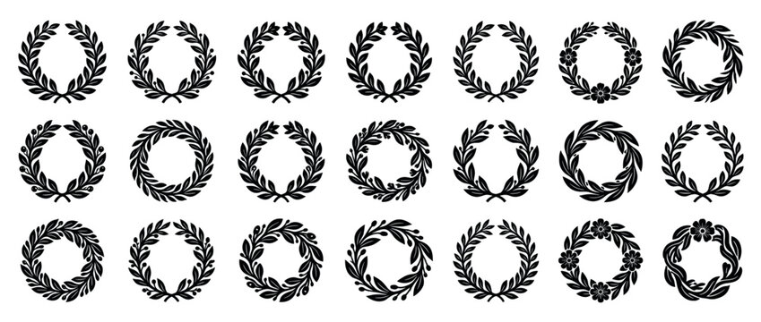 Diverse collection of black laurel wreath silhouettes, showcasing various styles with leaves, berries, and flowers, designed as elegant circular frames for awards and emblems