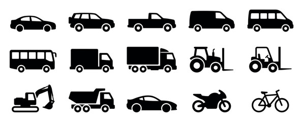 Large set of black vehicle icons including cars, trucks, buses, and construction machinery presented in a clean, minimalist silhouette style for transportation and logistics concepts © Happy Carrot