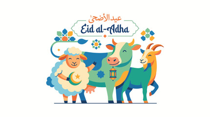 Naklejka premium Eid al-Adha greeting card featuring a sheep, cow, and goat, symbolizing sacrifice during the Islamic festival