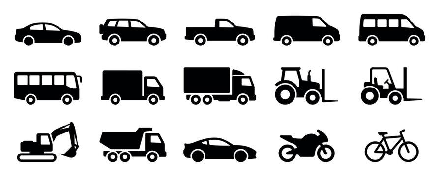 Large set of black vehicle icons including cars, trucks, buses, and construction machinery presented in a clean, minimalist silhouette style for transportation and logistics concepts
