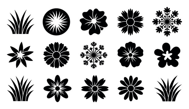 Set of black flower and grass silhouettes featuring various simple floral shapes, blossoms, and plant icons for graphic design elements and decorative patterns