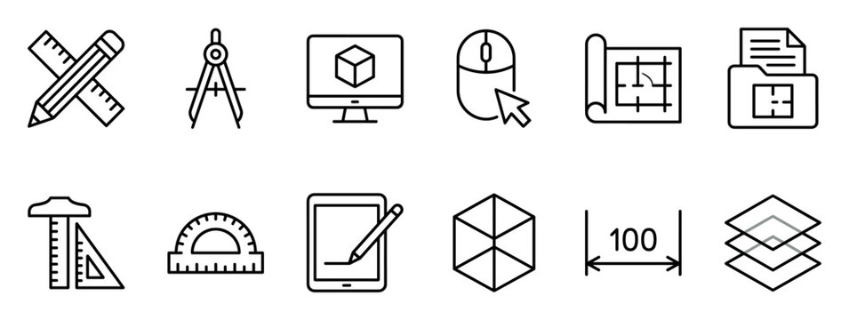 Set of black line art icons for design and engineering showing a ruler, pencil, compass, blueprint, and computer for CAD software in a minimalist vector style
