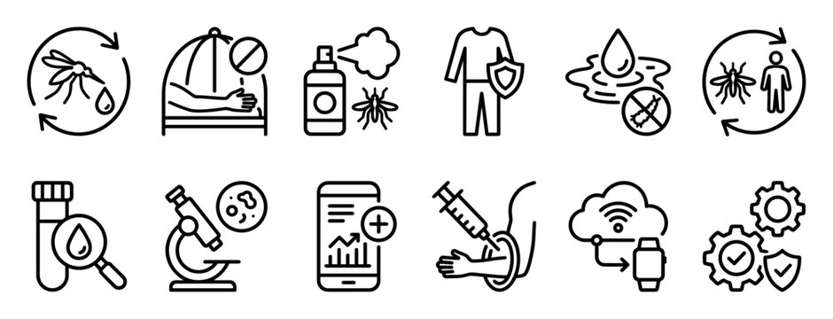 Mosquito-borne disease prevention and treatment icons showing repellent, protective clothing, vaccination, blood tests, and medical research in a minimalist black outline style