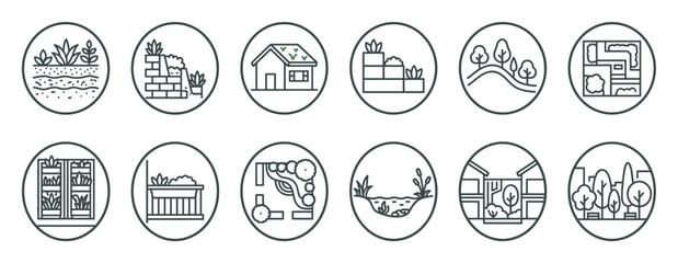 Fototapeta premium Set of landscape design line icons representing gardening, urban greening, and architecture elements like green roofs, vertical gardens, parks, and backyard planning in a minimalist style