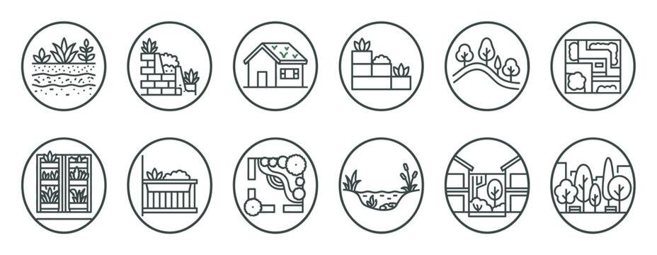 Set of landscape design line icons representing gardening, urban greening, and architecture elements like green roofs, vertical gardens, parks, and backyard planning in a minimalist style