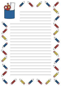 School Notebook Border Template with Pencil Doodles and Stationery Cup